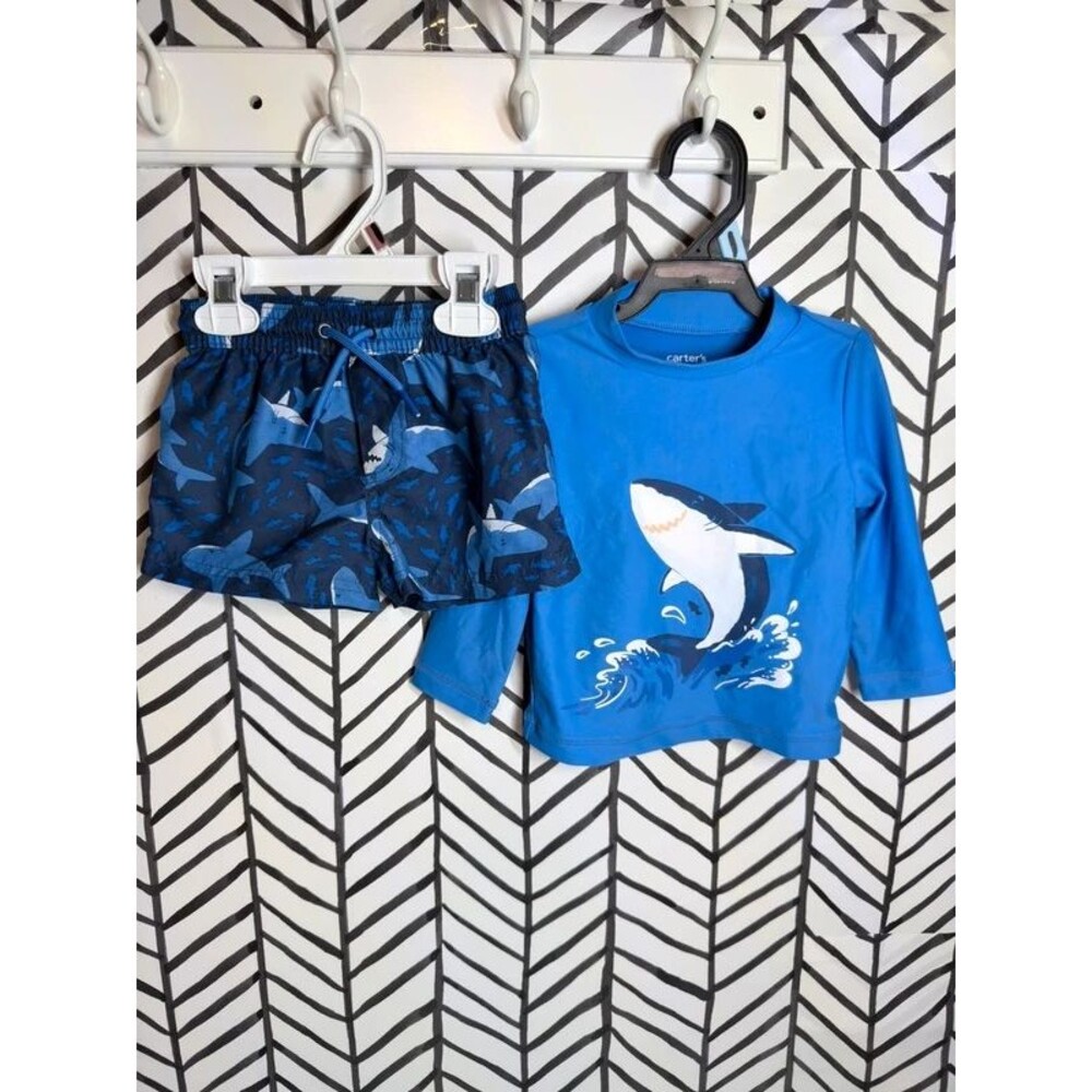 Carter’s Blue Shark Long Sleeve Rash Guard Top & Swim Trunks Baby Boys 12M 7118
